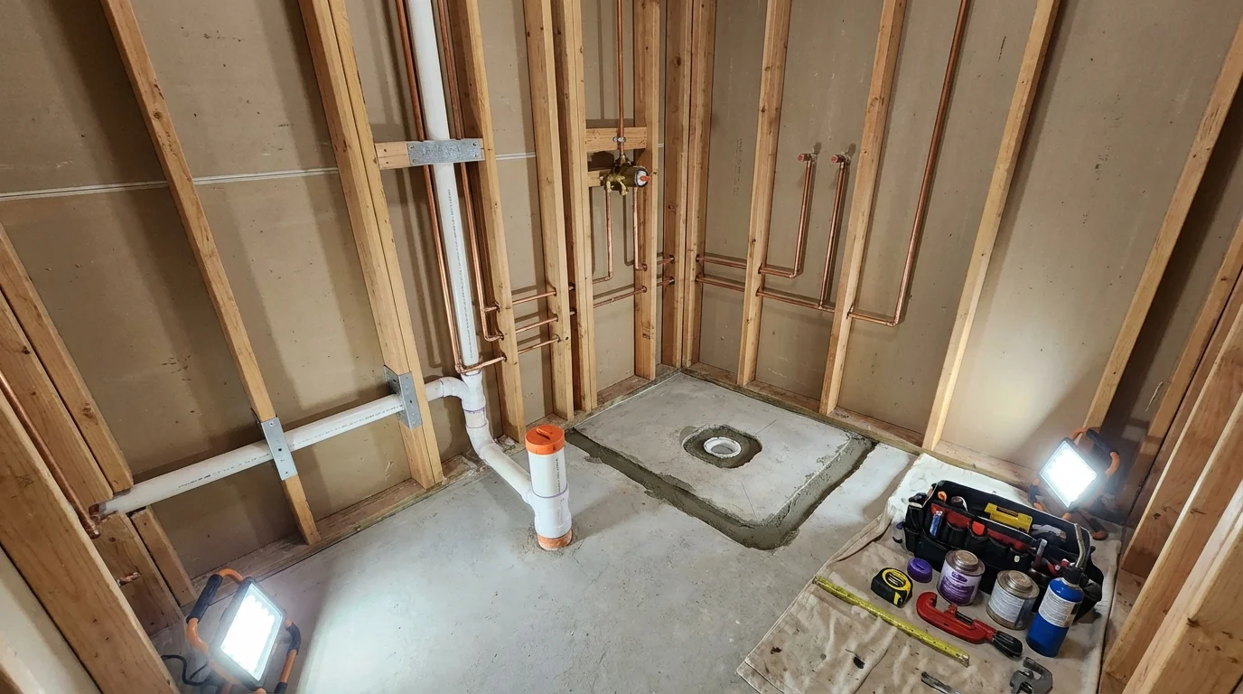 Bathroom rough-in plumbing during remodel by Johns Plumbing LLC in Headland
