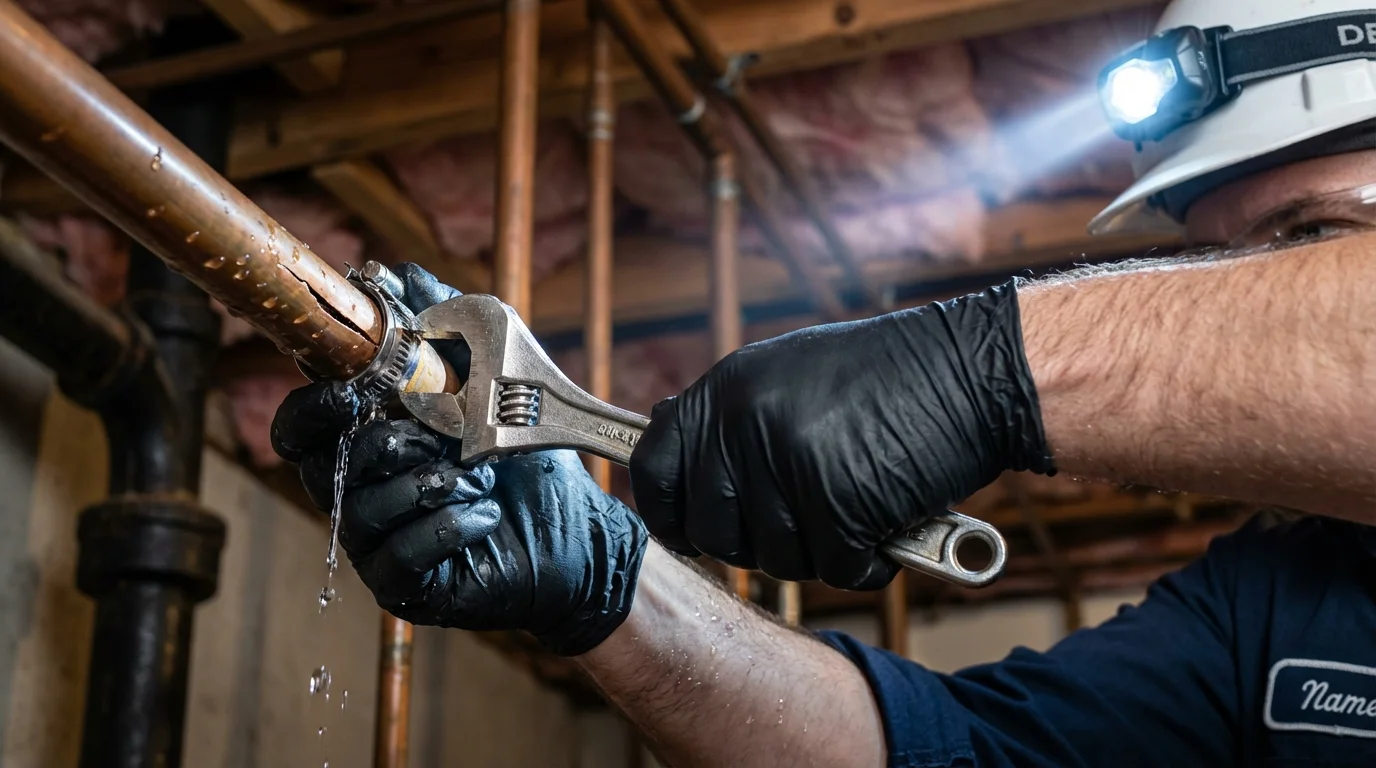 Emergency pipe clamp repair being performed by a Johns Plumbing LLC plumber in Headland