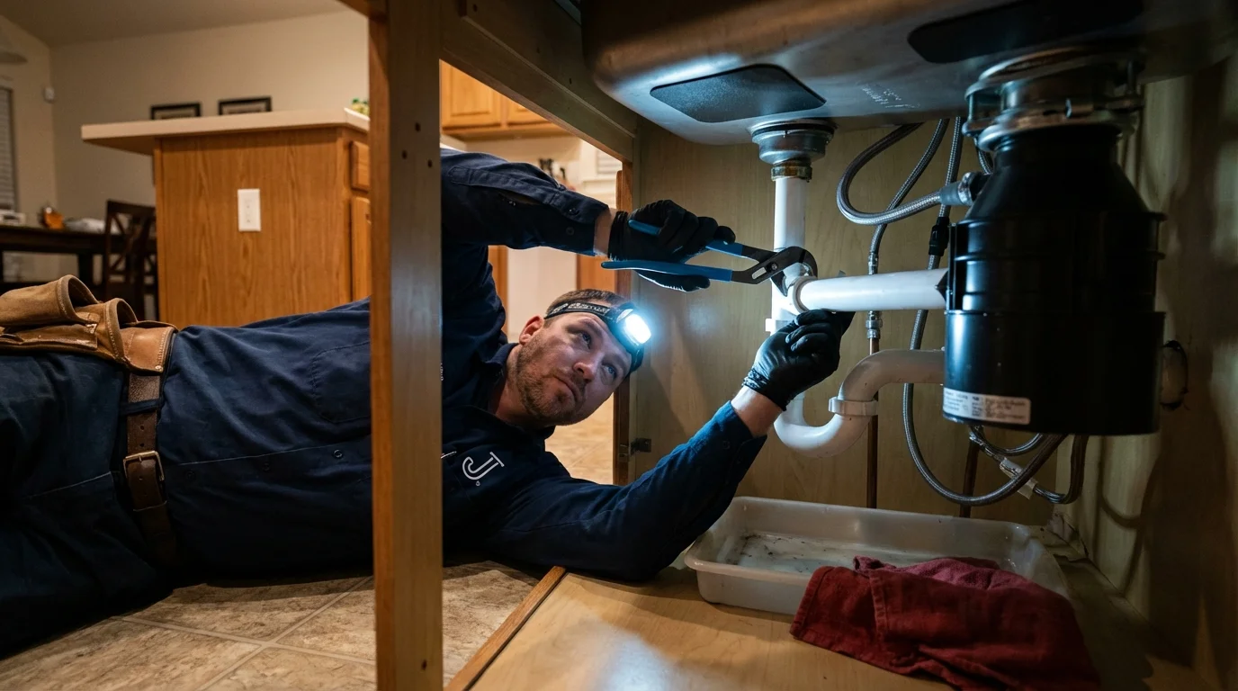 P-trap and supply line connections under a kitchen sink showing a common leak point in Headland, AL